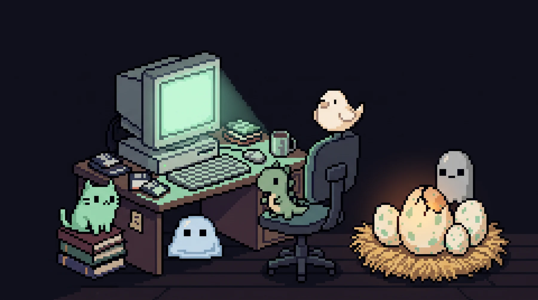 the five pixel pets gathered around a glowing CRT at night beside a nest of eggs