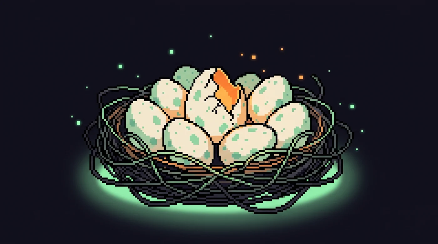 a nest of speckled pixel eggs wound in cables, one cracked open and glowing